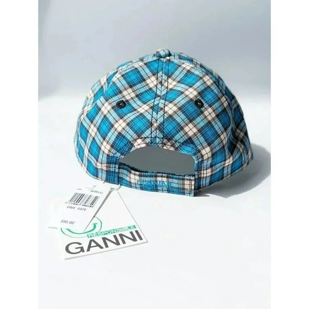 Ganni Unisex Cotton Canvas Baseball Cap Check Azure Blue (MSRP $95)